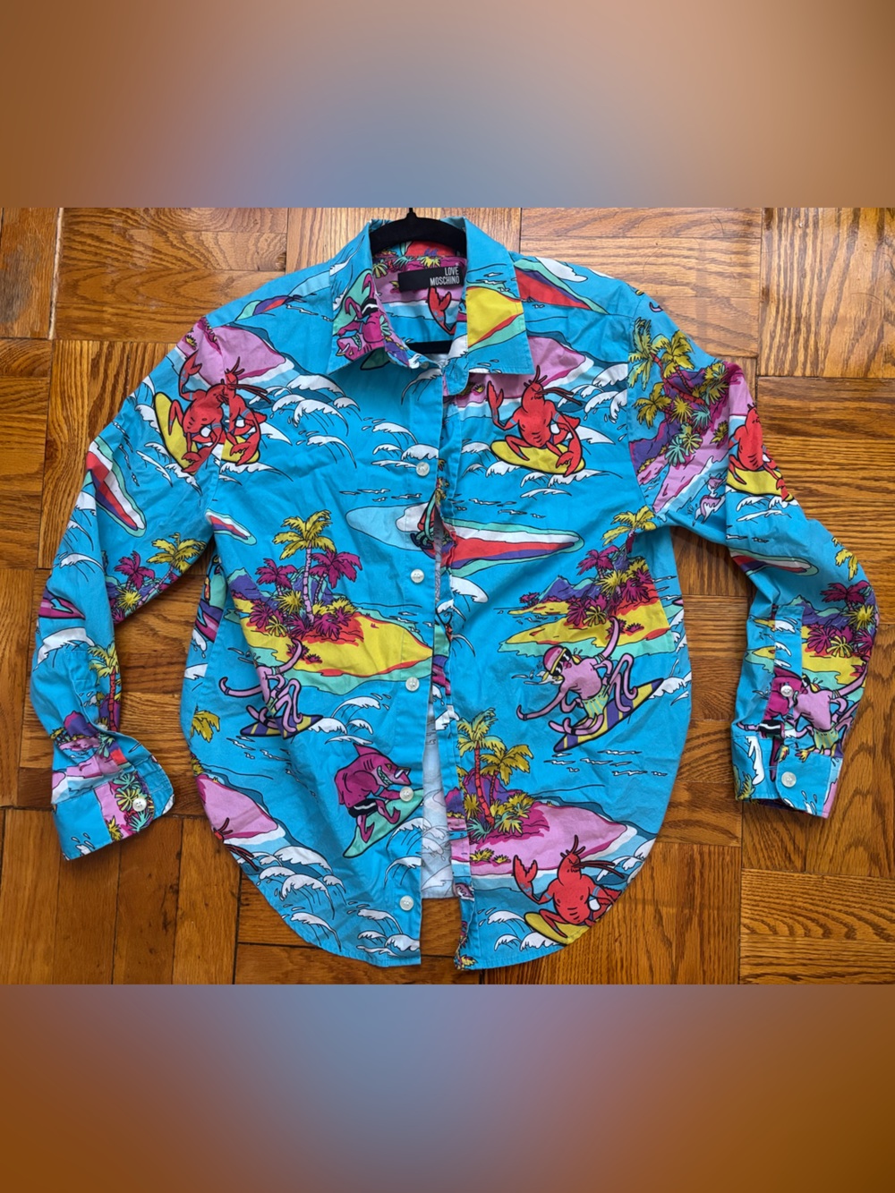 Love Moschino Surf Beach Print Long Sleeve Button Up Shirt Blue Graphic S